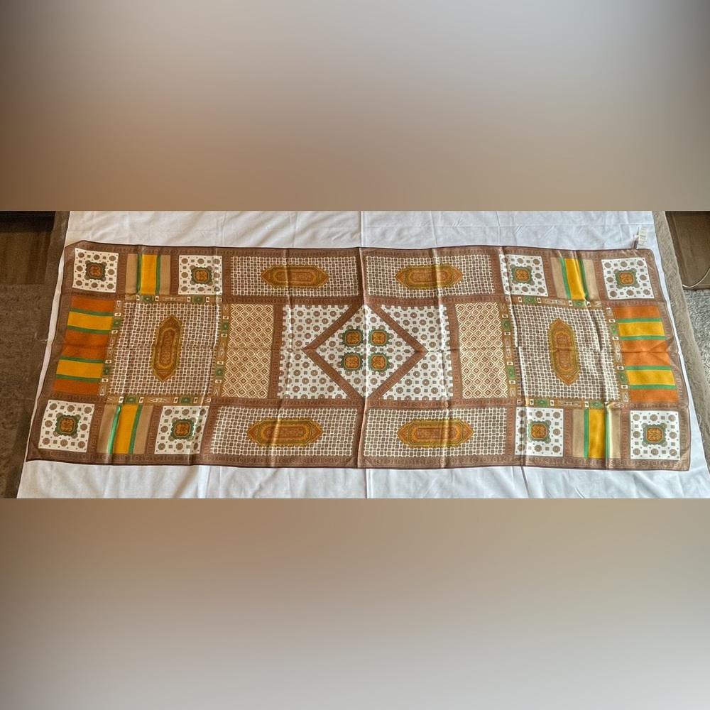 Talbots 100% Silk Scarf 68” X 26” Brown /Tan with green and gold classic style